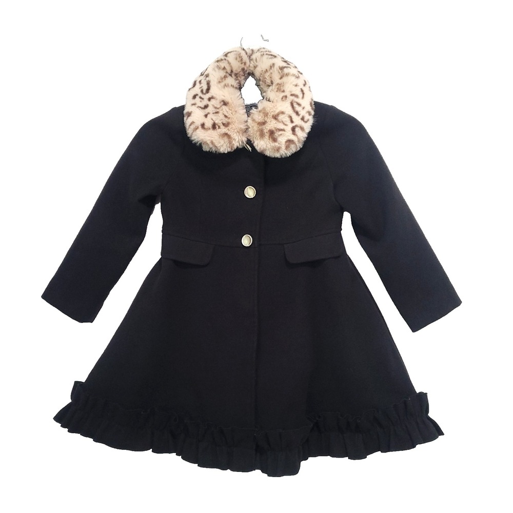 Animal Print Faux Fur Collar Pea coat Rothschild 6 Black Ruffle Hem Gold Buttons